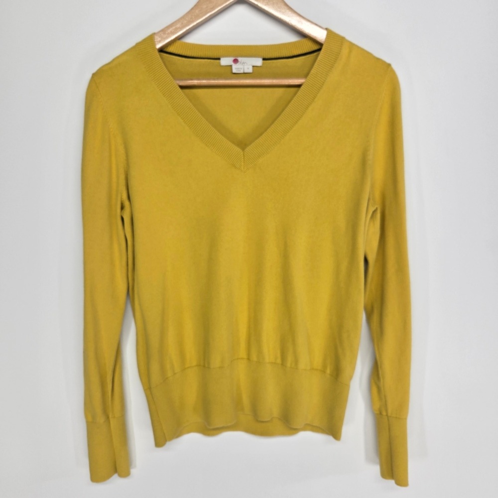 Boden Sweater Womens M Mustard Yellow V-Neck Button Cuff Long‎ Sleeve Pullover